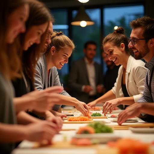 A corporate team laughing together during a sushi making competition.