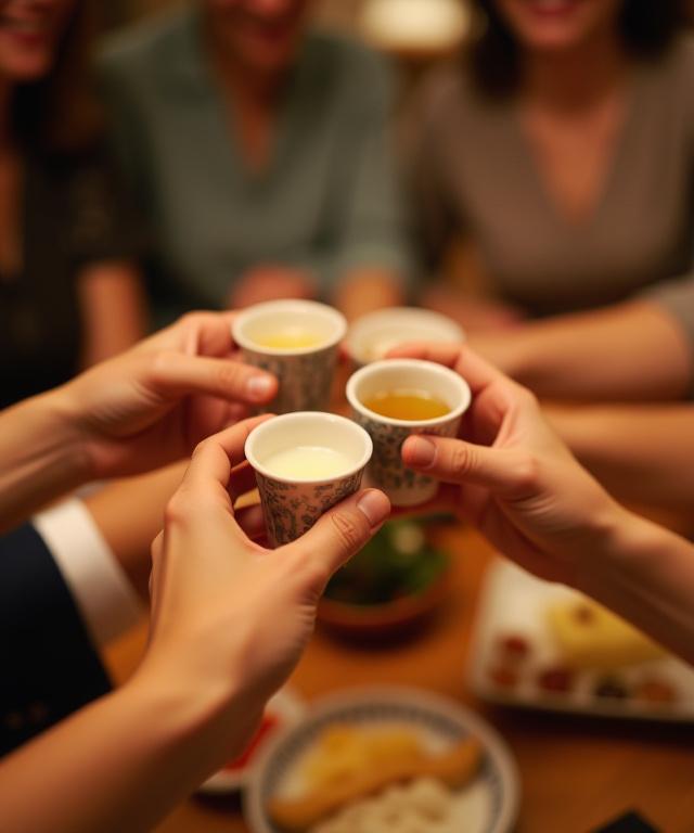 Close-up of guests clinking small sake cups together in a toast.