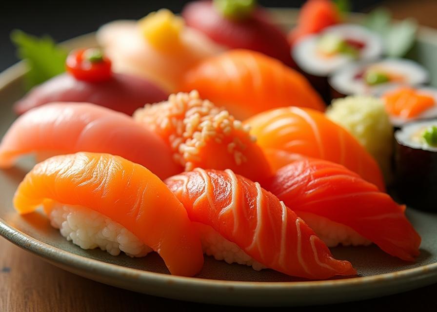 An artfully arranged platter of colorful nigiri and maki sushi.